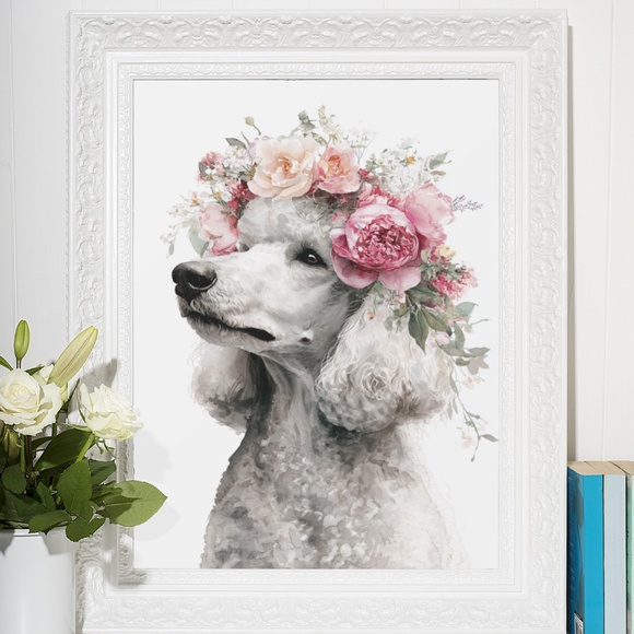 Watercolor Standard White Poodle with Flower Crown Wall Art Print, Unframed - Picture 7 of 7